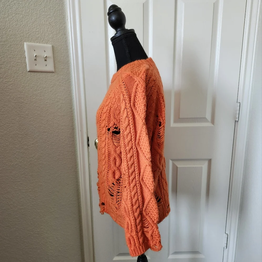Boohoo Bright Orange Cable Knit Sweater Distressed Details S/M